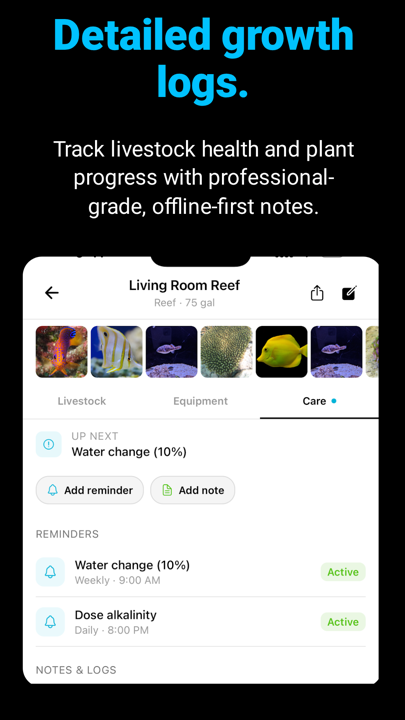 Care tab with reminders and notes